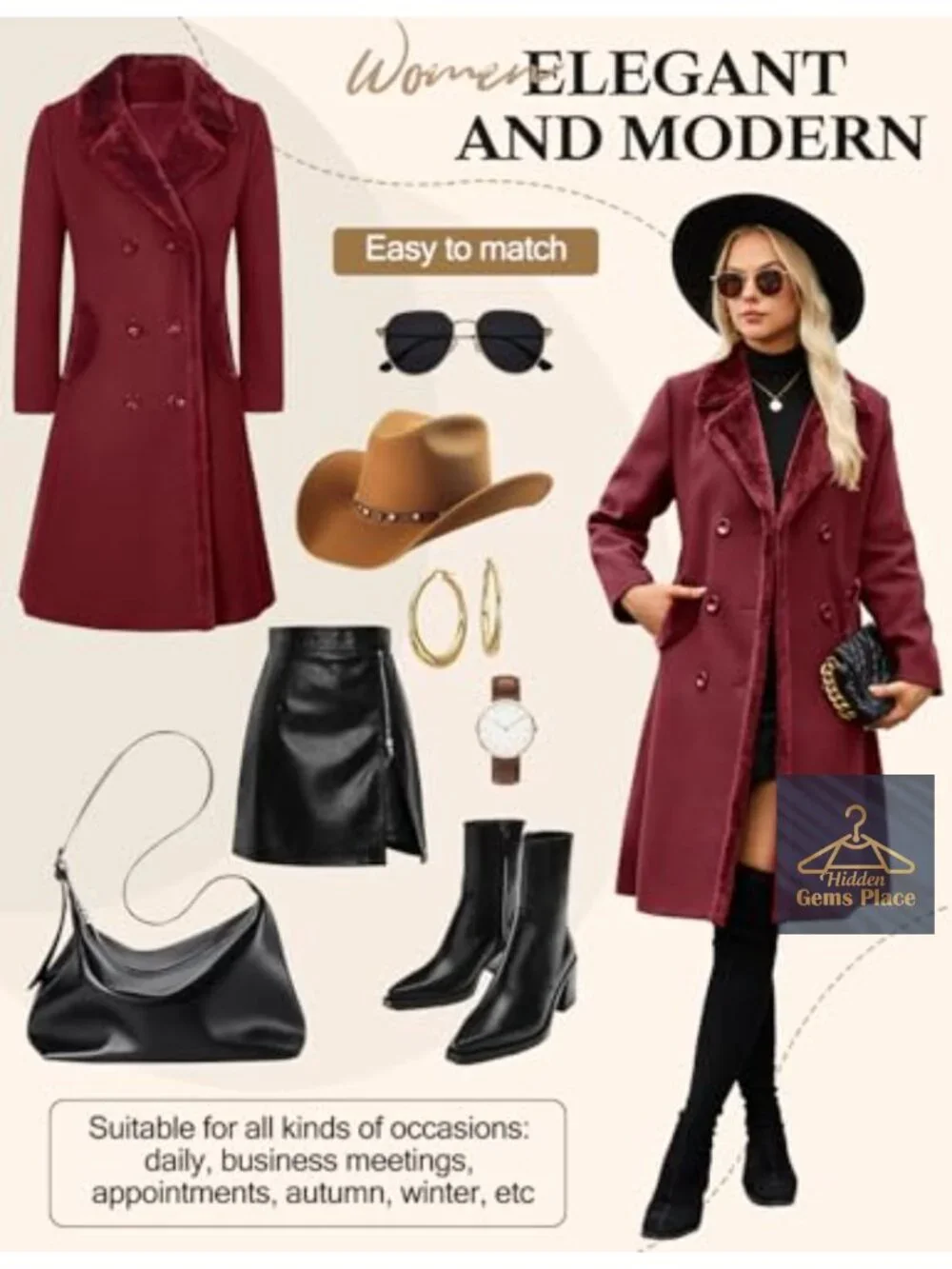 Women's Faux Fur Notched Lapel Double-Breasted Pea Coat Winter